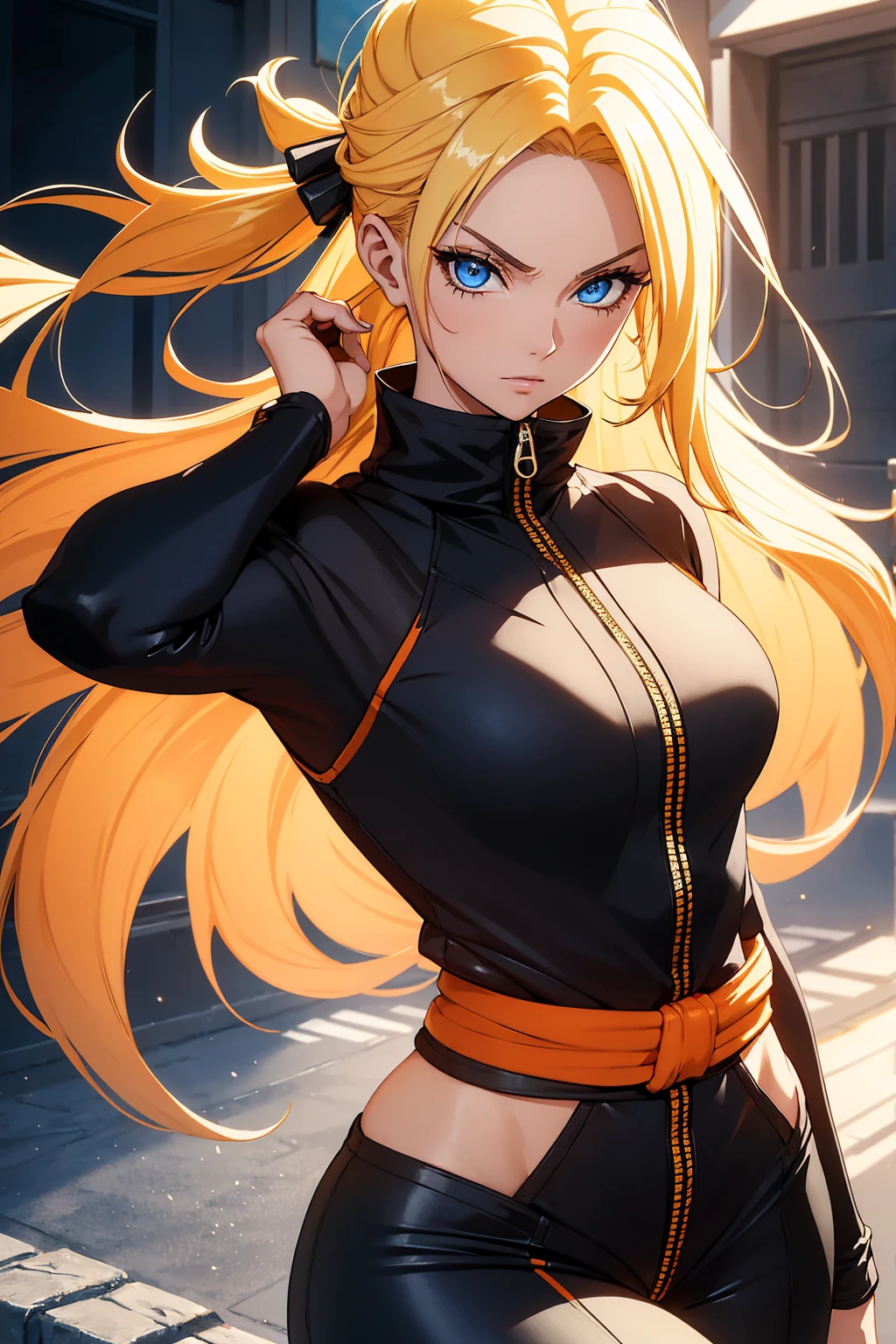 highest quality, masterpiece, Ultra-high resolution, (Realistic:1.2), One girl, (Detailed face:1.2), (Fine grain:1.2), (Detailed Hair:1.2), (Detailed clothing:1.2), 4K, ,Dragon Ball No. 18 style,Yellow Hair、Long Hair、whole body