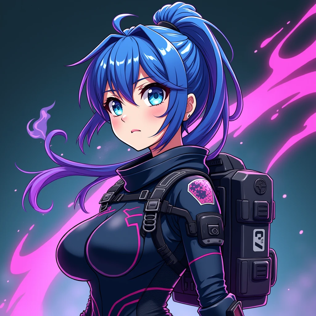 Full shot of a stylized (chubby) normal boobs not too big anime girl, likely from a video game. The chubby girl is centered in the image and is presented in a dynamic, almost action-pose.  Her hair is a vibrant, electric blue, styled in a high ponytail with strands flowing freely and intensely colored in shades of purple, pink, and blue. Her eyes are large, expressive, and a striking light blue.  Her expression is serious, yet not aggressive; she seems to be looking slightly off to her left side of the frame. She's dressed in dark-colored, futuristic armor or clothing. It's a mix of sleek, dark navy and black tones with various neon accents and patterns.  The armor has a very mechanical, almost cyberpunk aesthetic. Details like accents, emblems, and what appear to be various pouches and straps are visible.  There is a large backpack or equipment piece on her back, suggesting a warrior type or similar character. The backdrop is a gradient of dark teal and deep, almost black tones. Bright, vibrant streaks of purple, pink, and teal are painted around her, giving a dynamic, dreamlike quality to the scene. The overall style is vivid, bold, and stylized, characteristic of anime and graphic design commonly used in video game art.  The color palettes are bright and energetic, accented by the deep backdrop.  The overall impression is of a strong, independent character.There's a large, bold title featuring the letters "Xmax Gamerz" in a capital, stylized font.
