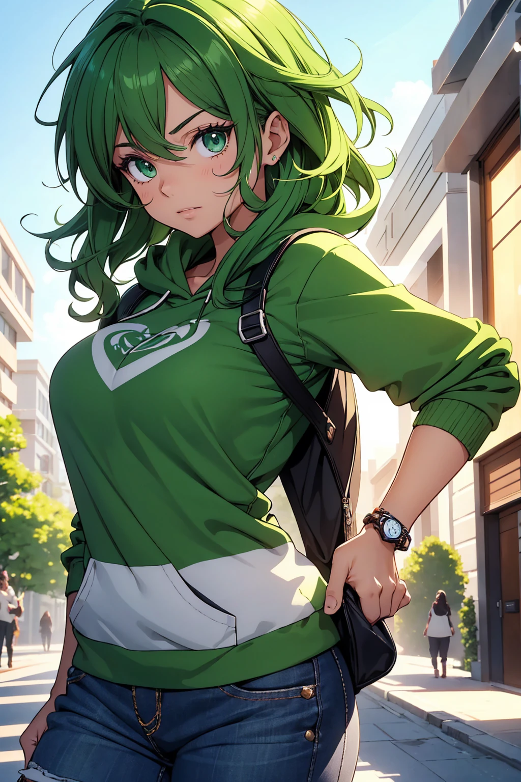 1girl, solo, short girl, dark green hair, messy hair, long hair, buns, light green eyes, beautiful eyes, crop top hoodie, cropped hoodie, bodysuit below clothes, tech fashion, smile, grin, closed mouth, office, indoors, walking, upper body (hands behind back), looking away, simple, vector, sketch,