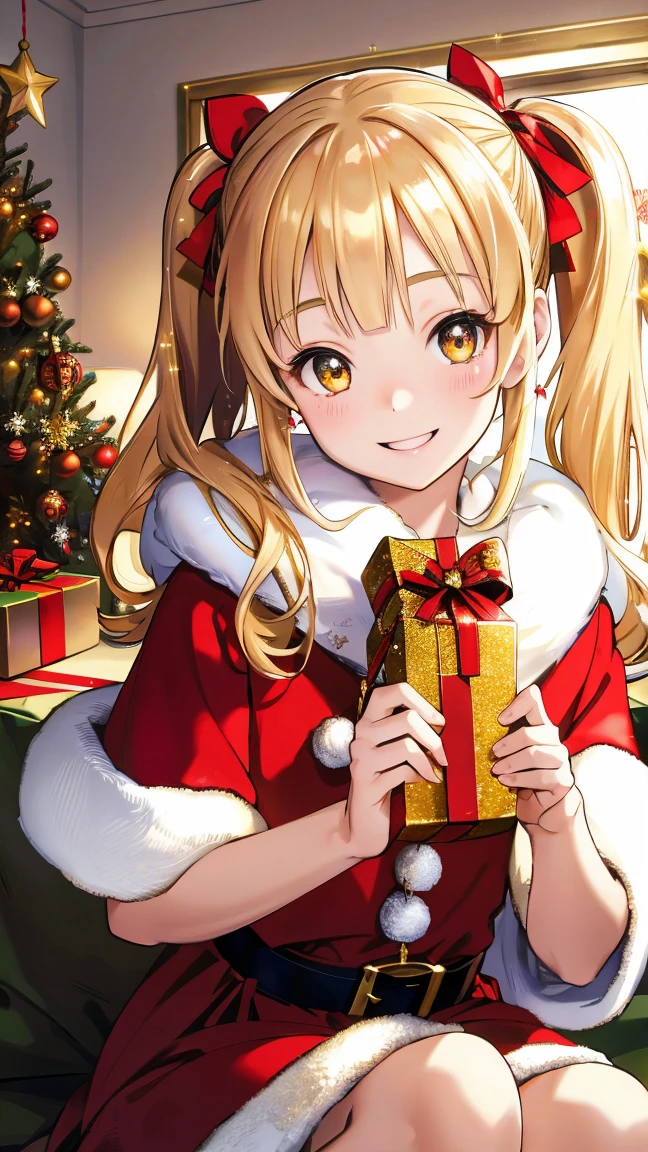 1 girl in、one blonde、pony tails、red eyes、small tit、A smile、smilingly、christmas、Dressed in Santa Claus costume、Colors based on red and green