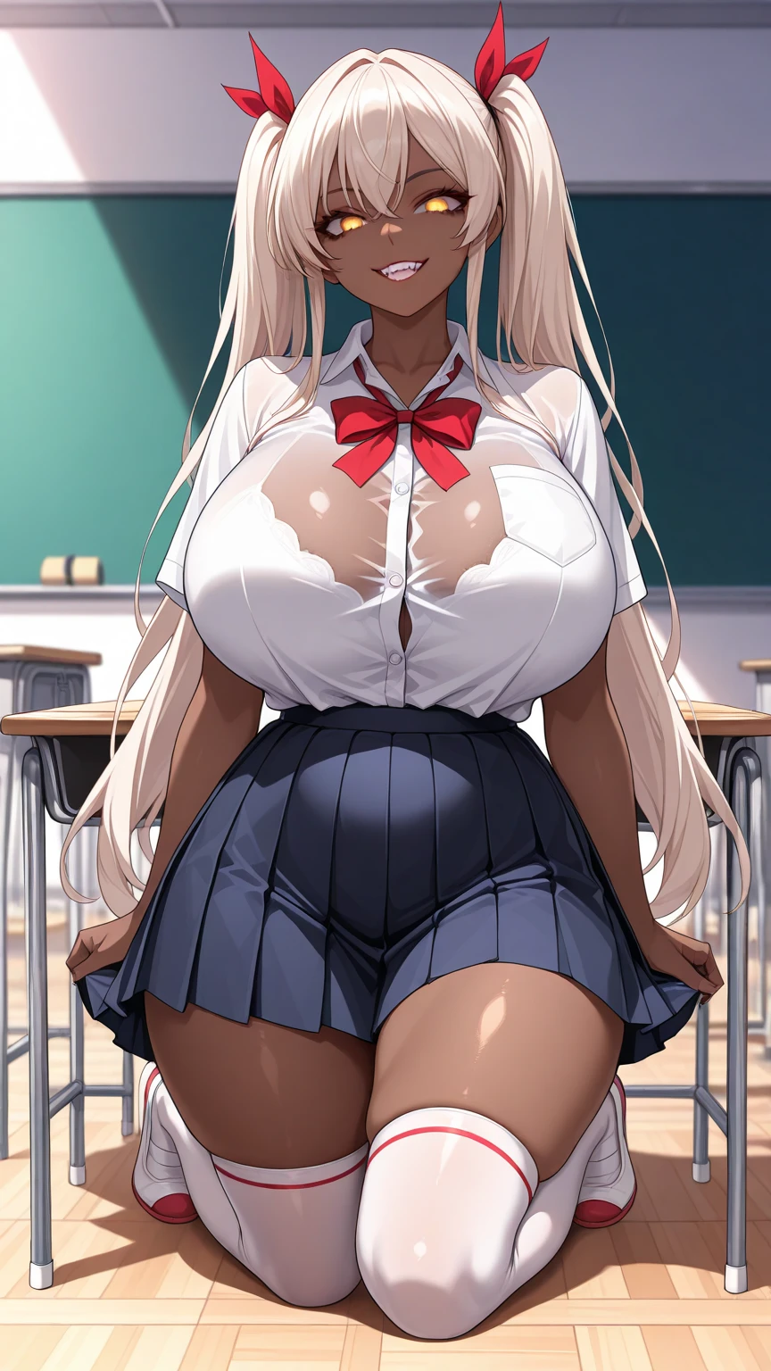 nsfw,（ultra detailed, Masterpiece , top quality, 8k, very aesthetic, Realistic detailed CG , sharp concentration, Ultra High Definition), 1 girl, (school uniform, white shirt, pleated skirt, and knee-high socks, red ribbon, see-through:0.5), (detailed beautiful eyes, textured skin, eyelashes, gold eyes, big eyes, tareme:1.2), (detailed hair, semi-long hair, beautiful platinum blonde hair, amount, twintails), (looking at viewer, evil smile), (huge breasts, potbelly, wide hip, thick thighs, tanned skin), Captivating thighs, Skin with attention to detail, (School, classroom, midnight), (shiny skin:1.3, glistening skin:1.3), (full body),