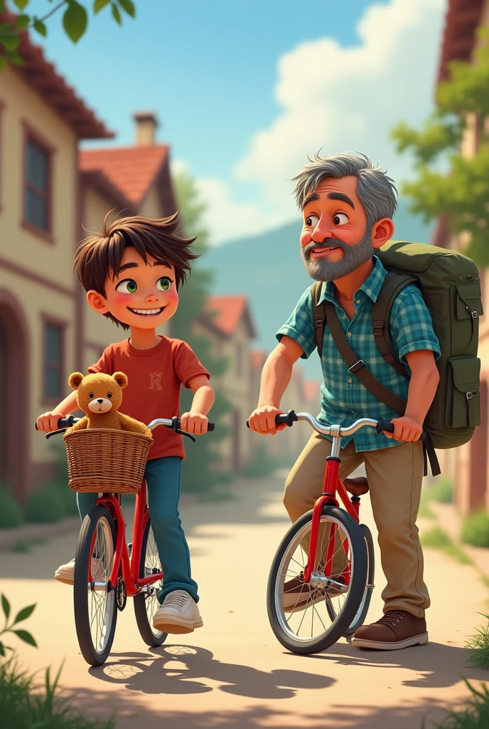 A young father riding a foot bicycle, a box on the back of seat and two boys run with him happily towards the home in a village 