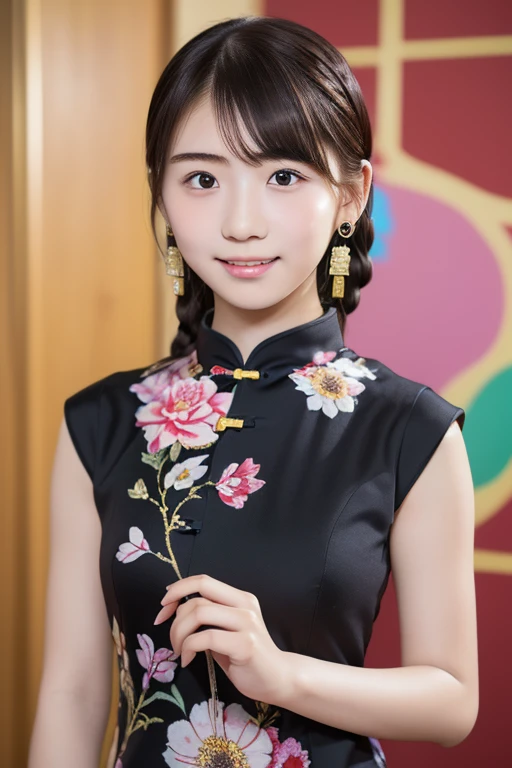 (high quality, High resolution:1.2), (Realistic:1.4), (1 Girl:1), Traditional Chinese Dresses,  (Charming monkey:1), (((Double Buns))), Refer your audience, Lesbians all over, palace, corridor, ((Fringe cover)), Blunt bangs