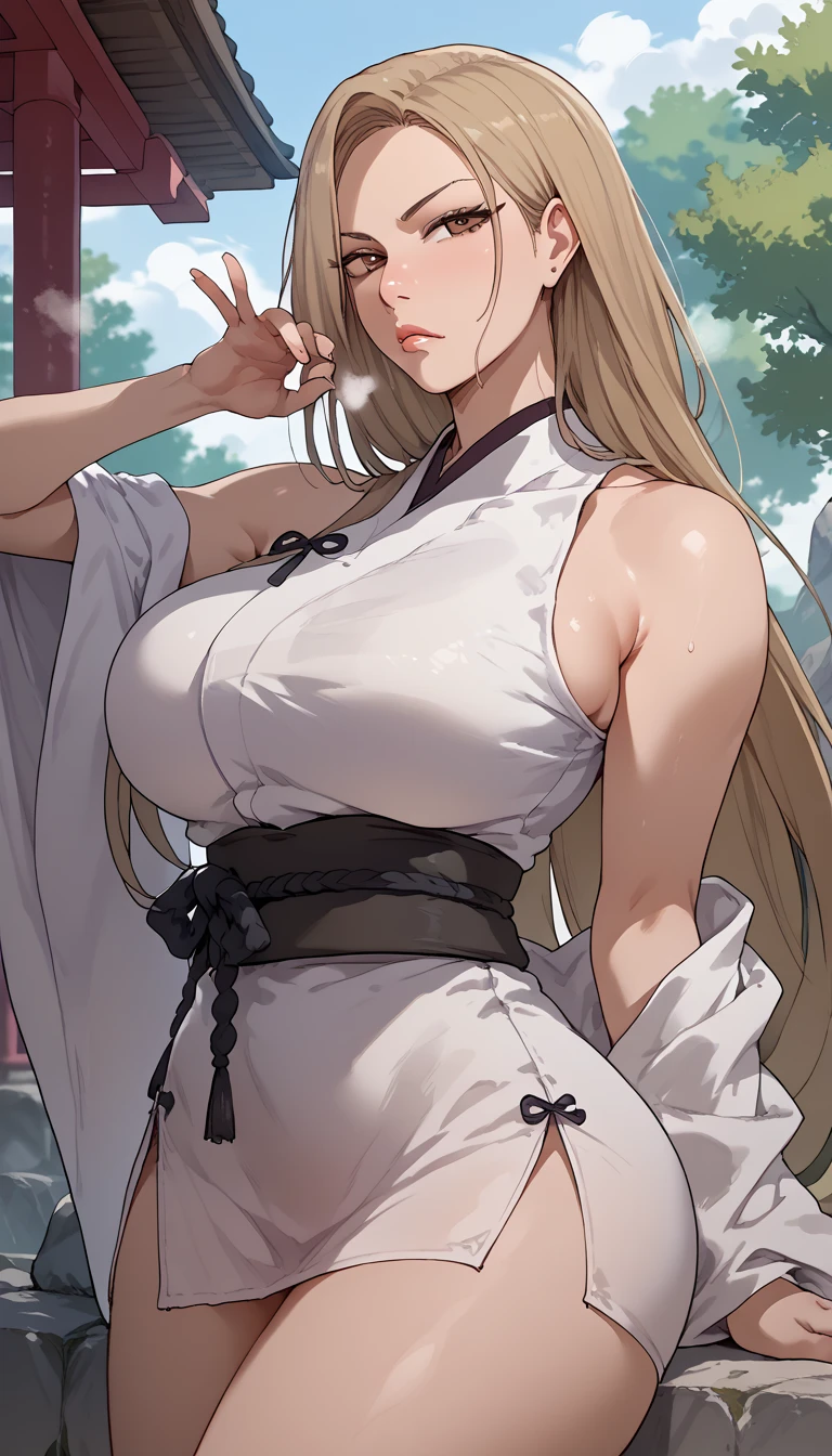 score_9, score_8_up, score_7_up, score_6_up,  source_Anime,  rating_Explicit,  1 girl, (Alone:1.2), Big Breasts,  long hair,  brown eyes, Blonde, Brown Hair,  short dress like a kimono, white dress,  side slits, Black Ribbon, clavicle,  clevis on a stone,  Sleeveless, Serious, Narrow shoulders,  heavy breathing, steaming body, Japanese Inn,bedroom、 looking at viewer