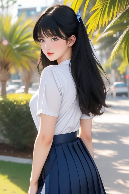 1girl 15years old,anime girl, bangs,standing,cowboy shot,dynamic angle BREAK (closed mouth), black hair, blue eyes, blurry, blurry background, blush, breasts, closed mouth,no bra, cum, dutch angle, erection, hair between eyes, hair ribbon, hetero, indoors, jewelry, long hair, looking at viewer,student uniform, White tight shirt,( Dark Blue medium pleated skirt), (black belt),(Modern architecture in background), mature female, /(black hair/) bangs, (masterpiece best quality:1.2) delicate illustration ultra-detailed, small breasts , outdoors, detailed back ground,white pantie,((pantie line)),standing,turn back,full body,side view,bent butt,sexy,out door,sun shine,