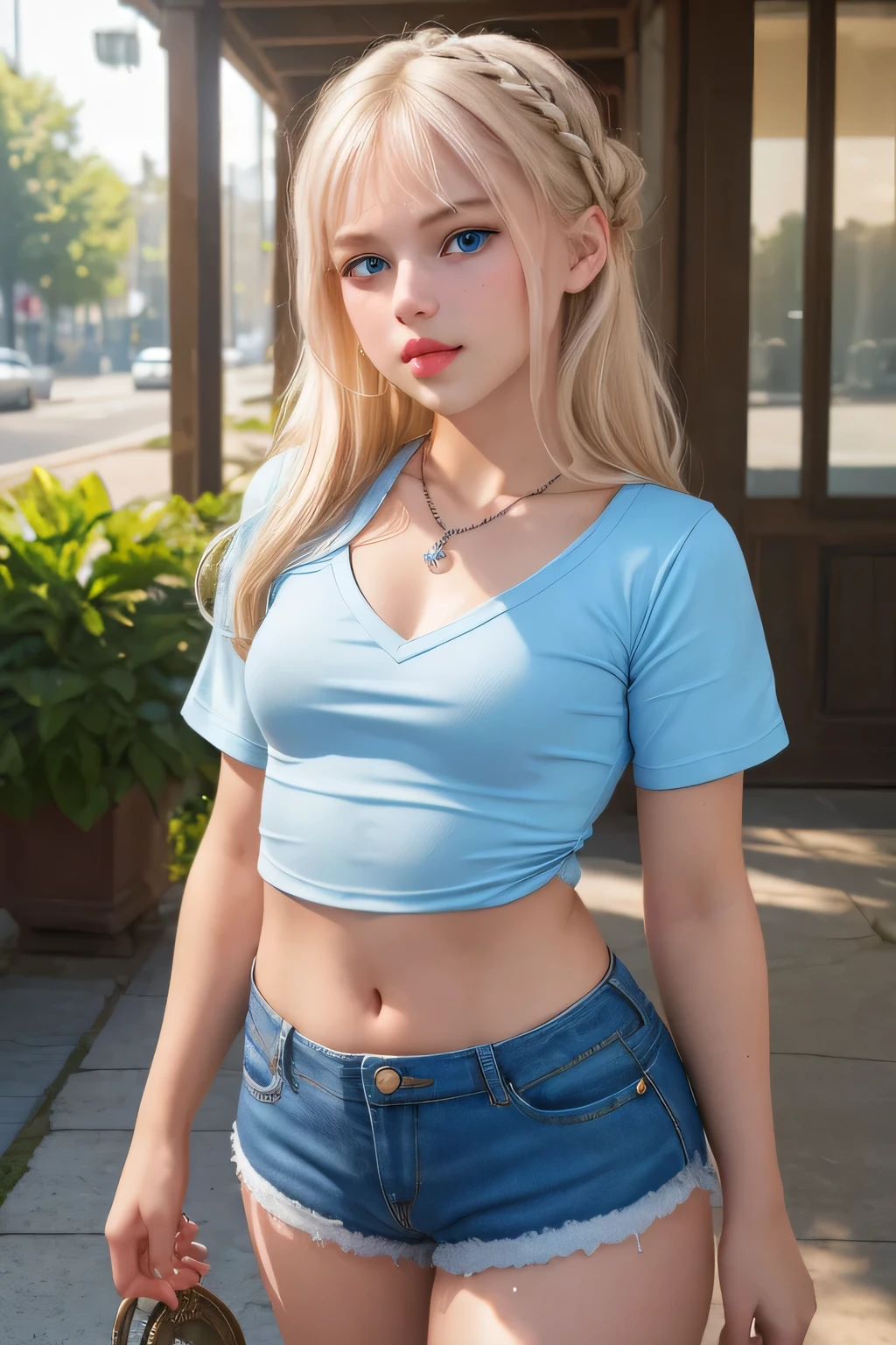 ((8K Photo, RAW photos , top quality, ULTRA LESS , photorealistic)), ( intricate details on collared dress , masterpiece, super realistic , super detailed, 1 girl, Alone), a photo of a ( platinum blonde hair ), ( Light Blue Eyes ), young white girl, ((young girl, girl, tween girl, change)), in ( short sleeves, T-Shirts, V-neck, short shorts, midriff), ( clevis on a stone, Big Breasts), (( short, like々New body, like々Funny face, likeい体, likeい顔, small)), ( closed mouse, Thick lips, plump lips, cupid's bow lips ), Full make-up, ( pink lips), Show your face, very sexy outfit , Hands behind the body, Breathtaking Beauty , seductive gaze on camera , sexy young girl, beautiful girl, cute face, innocent face, innocent expression , Seductive Poses , (opposite), standing with different breasts