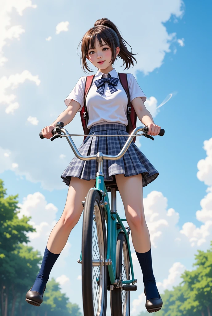 Masterpiece, 8k, Photorealistic, Raw photo, top-quality, Beautiful Japanese High school girl, Photorealistic, (Plump breast:1.3), Dynamic angle, 
school uniform, Check pattern pleated skirt, Dark blue socks, Coin-Lofer, Straddling a bicycle, legs spread apart, toes landing on the ground, White blouse, dark blue Butterfly styled check-pattern ribbon at collar, plaid pleated skirt, carrying Brack backpack , (From below1.3), morning, Ponytail, Sunshine, Closeup,