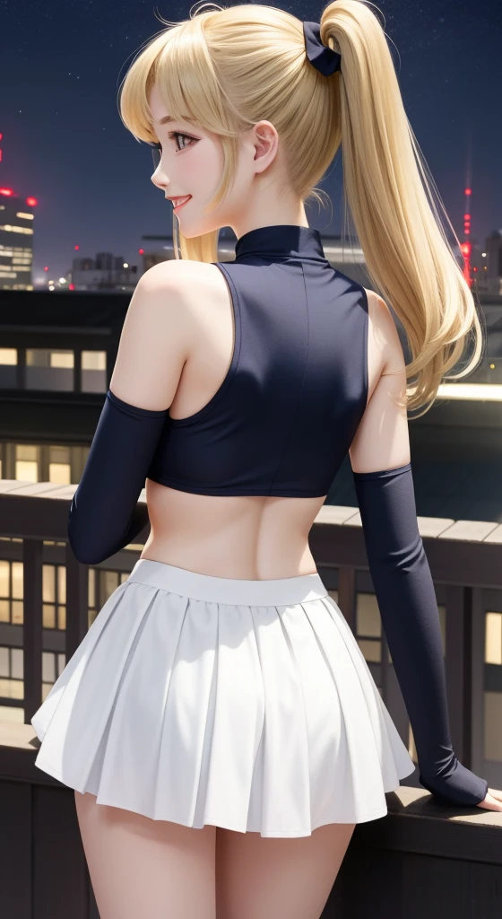 Realistic, girl alone, blonde, petite, purple eyes, shining eyes, cropped top, skirt, parted lips, blush, night, flower, sun, sunlight, white skirt, short skirt, medium length hair, realistic, warm color, white short dress, white clothes, light background color, daytime environment, bright color background, saudi, sea, cute,
