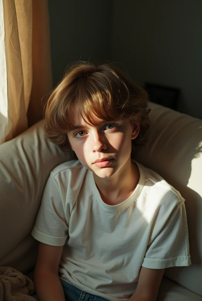 Photorealistic 55m film photograph, blond boy sitting on the couch, the boy is wearing a tank top, skin boddie