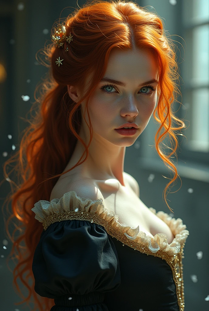 (solo, full body photo:1.3), (action packed:1.3), (haze, fog, mist:1.3), chiaroscuro, best quality, photorealistic, 1woman, (cute), (24yo:1.2), redhead, long ginger hair highly detailed, 1700'S, digital photography, art by artgerm and ruan jia and greg rutkowski surreal painting gold butterfly filigree, broken glass, (masterpiece, sidelighting, finely detailed Fashionable eyes: 1.2) (perfect oval large eyes that gazes at the viewer), beautiful detailed face, blue gorgeous perfect eyes, (blonde hair ponytail), (attractive young woman:1.3), (thick amazing hair), (seductive:1.1), (blushing:1.1)