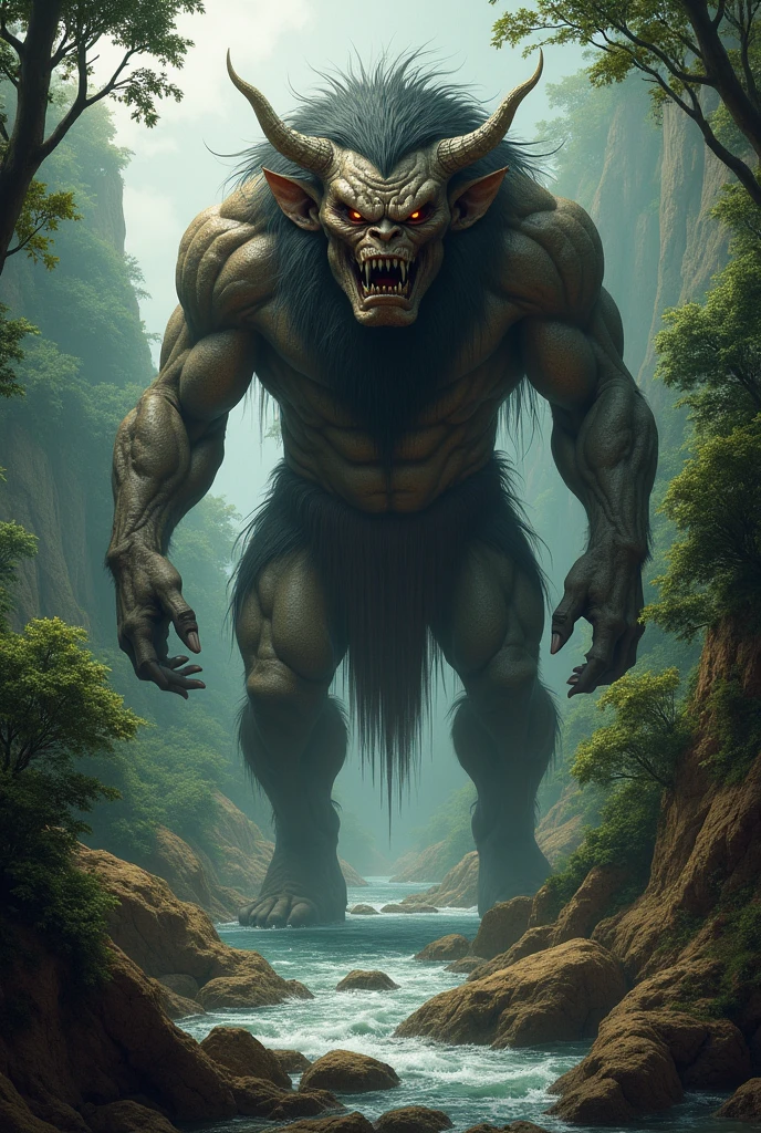 humanoid with brown skin, bright, feline yellow eyes, A face with features mixed between a human and an orangutan, sharp fangs, With a furious glare, wearing tattered and aged medieval clothing, brawny, large hands and feet with sharp claws, in front of a lake and a closed subtropical forest, In the light of the moon , realistic full body photography