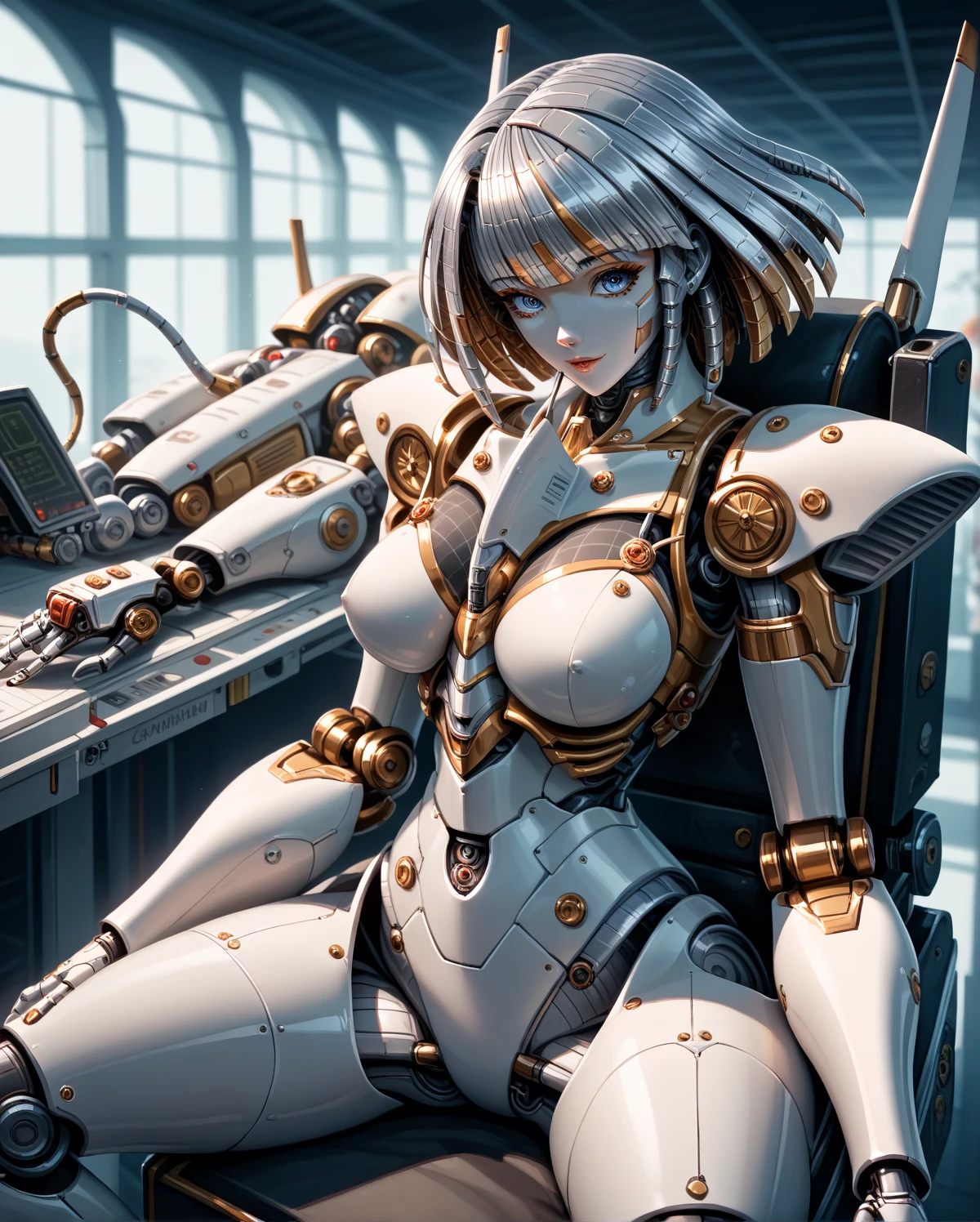 (masterpiece:1.2), (最 High Quality :1.2),  perfect eyes,  perfect face, perfect lighting, 1 girl，know, (Female Knight Robot , (mechanicalのヘッドギア, mechanicalのサークレット, metallic hair , mechanicalの光る目)), mechanical, ( cyborg, Exoskeleton,  intricate details ,  Detailsな細部), Viewpoint Beautiful, Midea,  Details,  Beautiful Colors Great Quality from Above  , 最 High Quality ,  High Quality , Arena, (Sit on a maintenance chair and spread your legs, Under maintenance),  cowboy shot , 