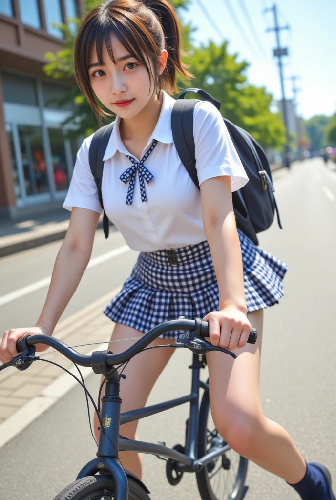 Masterpiece, 8k, Photorealistic, Raw photo, top-quality, Beautiful Japanese High school girl, Photorealistic, (Plump breast:1.3), Dynamic angle, 
school uniform, Check pattern pleated skirt, Dark blue socks, Coin-Lofer, Straddling a bicycle, legs spread apart, toes landing on the ground, White blouse, dark blue Butterfly styled check-pattern ribbon at collar, plaid pleated skirt, carrying Brack backpack , (From below1.3), morning, Ponytail, Sunshine, Closeup,