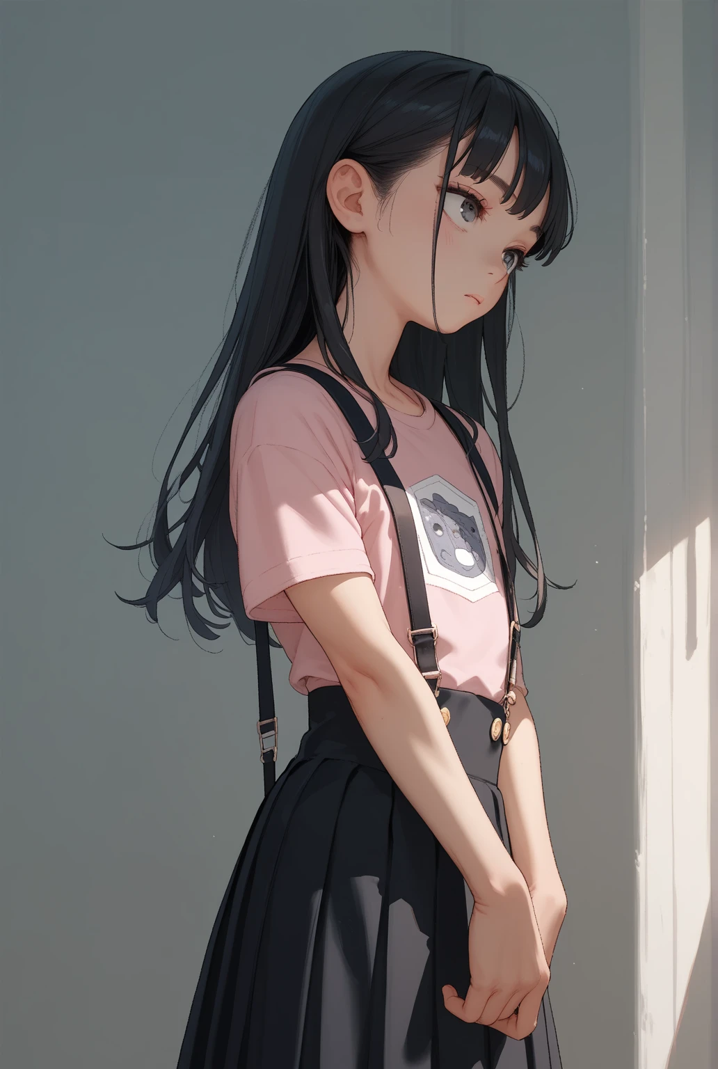  1 girl,  flat chested　Petite　 girl　 black skirt 　 Suspenders　 pink t-shirt 　 long hair　 black hair　School route　spring