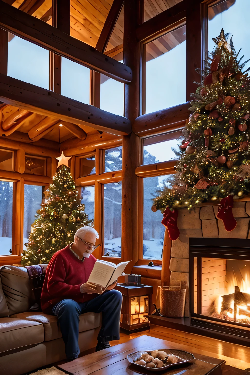 Inside a log house with a fireplace 、 a huge Christmas tree in the living room、 focus on the Christmas tree 、A gray-haired man in his 70s is reading on the sofa 、 The man is Western and wears a sweater and reading glasses、Late Night