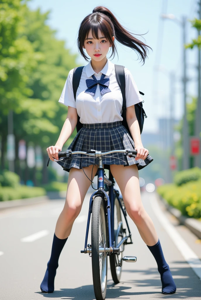 Masterpiece, 8k, Photorealistic, Raw photo, top-quality, Beautiful Japanese High school girl, Photorealistic, (Plump breast:1.3), Dynamic angle, 
school uniform, Check pattern pleated skirt, Dark blue socks, Coin-Lofer, Straddling a bicycle, legs spread apart, toes landing on the ground, White blouse, dark blue Butterfly styled check-pattern ribbon at collar, plaid pleated skirt, carrying Brack backpack , (From below1.3), morning, Ponytail, Sunshine, Closeup,