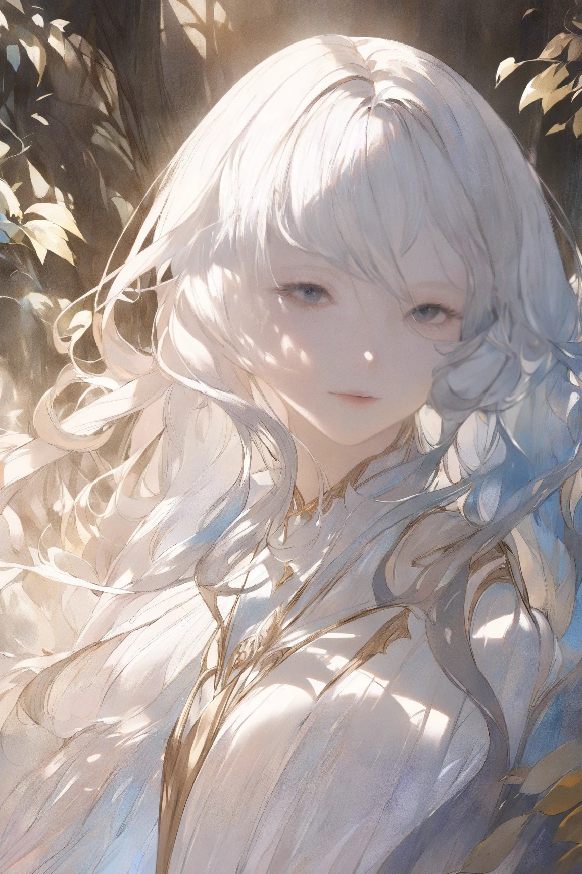 A young woman with long, silvery-white hair and a mysterious, alluring smile, wearing flowing white priestess-like robes inspired by fantasy clergy attire rather than leather armor, standing in a lush, sunlit forest with soft rays of light filtering gently through dense foliage, Japanese animation tone, acrylic watercolor painting style, hyper-detailed facial features, intricate linework, vibrant pastel color palette, subtle shading, delicate brushstrokes, exquisite textures, hand-painted feel, ultra-sharp focus, 8k UHD, extremely realistic lighting, cinematic framing, atmospheric depth, polished and refined composition, professional illustration quality, masterpiece-level detailing, no unwanted artifacts, perfect anatomy and proportions, slightly dynamic pose, visually striking contrast, aesthetically pleasing balance, impeccable rendering of materials, natural skin tones, subdued background elements that enhance subject focus, premium-grade illustration, vibrant yet harmonious hues, hint of gentle breeze indicated by slight movement in her hair, graceful and enigmatic demeanor