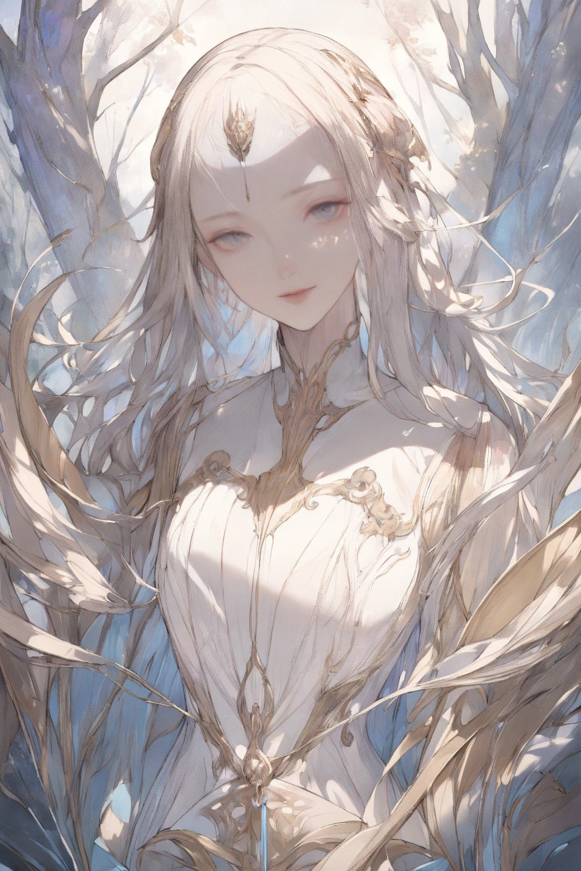 A young woman with long, silvery-white hair and a mysterious, alluring smile, wearing flowing white priestess-like robes inspired by fantasy clergy attire rather than leather armor, standing in a lush, sunlit forest with soft rays of light filtering gently through dense foliage, Japanese animation tone, acrylic watercolor painting style, hyper-detailed facial features, intricate linework, vibrant pastel color palette, subtle shading, delicate brushstrokes, exquisite textures, hand-painted feel, ultra-sharp focus, 8k UHD, extremely realistic lighting, cinematic framing, atmospheric depth, polished and refined composition, professional illustration quality, masterpiece-level detailing, no unwanted artifacts, perfect anatomy and proportions, slightly dynamic pose, visually striking contrast, aesthetically pleasing balance, impeccable rendering of materials, natural skin tones, subdued background elements that enhance subject focus, premium-grade illustration, vibrant yet harmonious hues, hint of gentle breeze indicated by slight movement in her hair, graceful and enigmatic demeanor