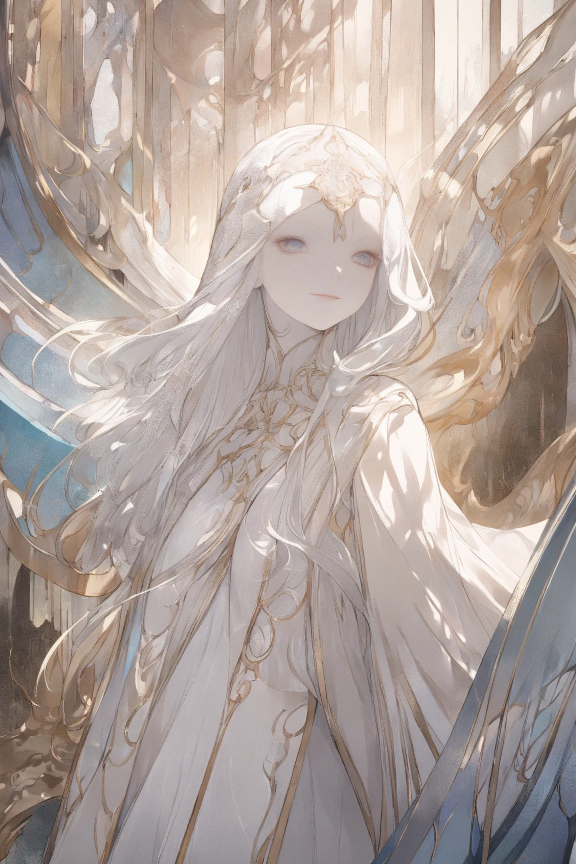 A young woman with long, silvery-white hair and a mysterious, alluring smile, wearing flowing white priestess-like robes inspired by fantasy clergy attire rather than leather armor, standing in a lush, sunlit forest with soft rays of light filtering gently through dense foliage, Japanese animation tone, acrylic watercolor painting style, hyper-detailed facial features, intricate linework, vibrant pastel color palette, subtle shading, delicate brushstrokes, exquisite textures, hand-painted feel, ultra-sharp focus, 8k UHD, extremely realistic lighting, cinematic framing, atmospheric depth, polished and refined composition, professional illustration quality, masterpiece-level detailing, no unwanted artifacts, perfect anatomy and proportions, slightly dynamic pose, visually striking contrast, aesthetically pleasing balance, impeccable rendering of materials, natural skin tones, subdued background elements that enhance subject focus, premium-grade illustration, vibrant yet harmonious hues, hint of gentle breeze indicated by slight movement in her hair, graceful and enigmatic demeanor