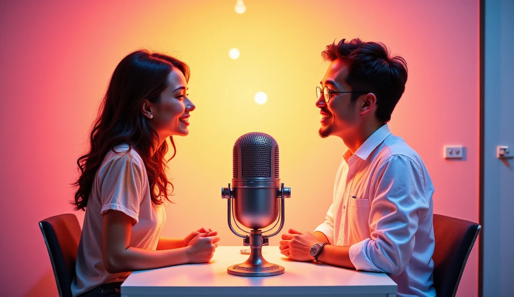 Main Elements:

Central Microphone: A podcast microphone placed in the center of the image, with stylized details. The microphone should be the focal point of the thumbnail.
Man and Woman on Either Side of the Microphone:
On one side of the microphone, place a woman smiling with a confident and friendly expression, showing a natural posture.
On the other side of the microphone, place a man also smiling with a relaxed and confident expression. Both should be designed in a stylized way with bright and eye-catching colors.
Position: The woman and man should be symmetrically on either side of the microphone, with the microphone centered as the focal point. Both should be slightly inclined towards the microphone or interacting with it in a casual but professional manner.
Drawing Style:

Modern and Minimalist Style: The thumbnail should have a clean, professional, and minimalist style. The characters should be slightly stylized, with fine lines and slightly exaggerated proportions, without excessive detailing.
Digital Illustration: Use digital illustration with clear lines and solid colors. The details should be simple yet defined to give a modern feel.
Soft Shadows: Shadows should be soft, giving a realistic touch without being too dramatic. The characters should look natural without excessive lighting effects.
Flat and Bright Colors: The characters should have solid and bright colors, without textures. The background should be luminous to attract attention and create contrast with the characters and text.
Thin but Defined Lines: The outlines should be delicate but clearly visible, ensuring that the characters and other elements stand out.
Background:

The background should be bright and eye-catching, using colors that complement the characters without overwhelming them. It can include a soft gradient in warm or pastel colors like pinks, oranges, and yellows to create a vibrant and energetic atmosphere but still professional.
Soft Texture: The background shouldn’t have t