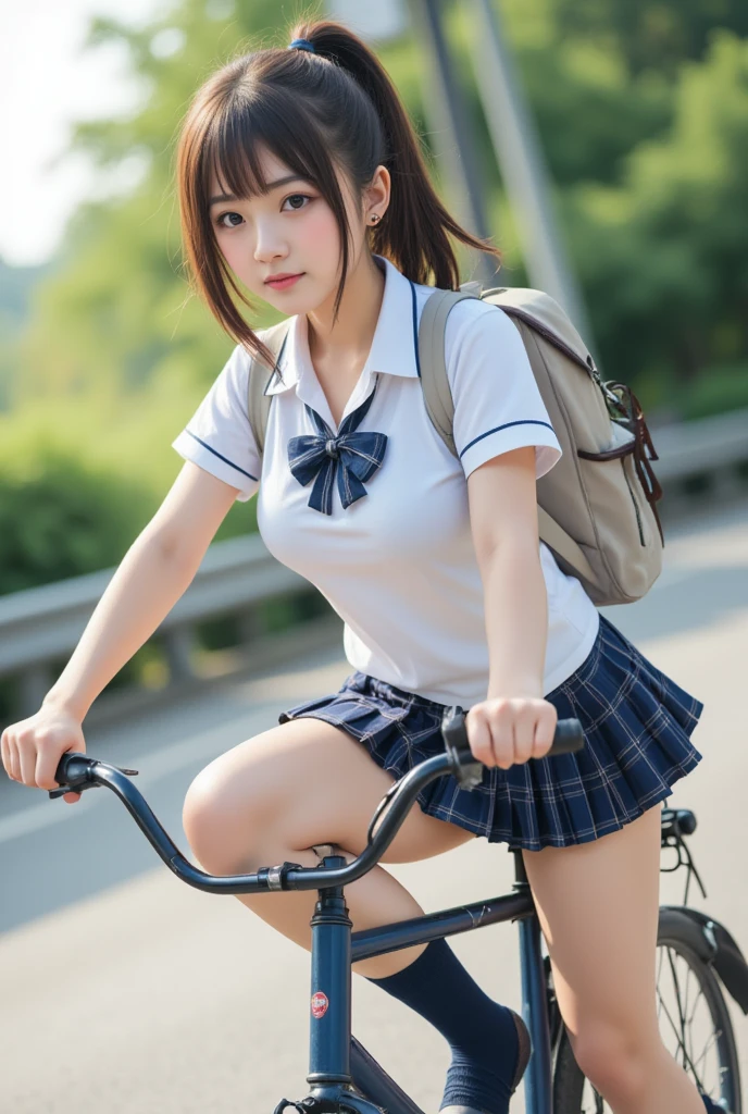 Masterpiece, 8k, Photorealistic, Raw photo, top-quality, Beautiful Japanese High school girl, Photorealistic, (Plump breast:1.3), Dynamic angle, 
school uniform, Dark blue socks, Coin-Lofer, Straddling a bicycle, legs spread apart, toes landing on the ground, White blouse, dark blue Butterfly styled check-pattern ribbon at collar, plaid pleated skirt, carrying Brack backpack , (From below1.3), morning, Ponytail, Sunshine, Closeup,