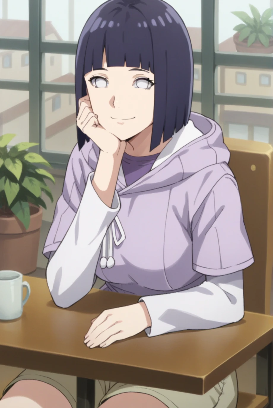 score_9, score_8_up, score_7_up, score_6_up, score_5_up, score_4_up, BREAK source_anime, 1girl, solo,
ChopioHinataBoruto, medium hair, purple hair, shiny hair, bob cut, blunt bangs, no pupils, white eyes, looking at viewer,
medium breasts, mature female,
outfit_1, lilac hoodie, hood down, white shirt, purple undershirt, drawstring, short over long sleeves, brown shorts,
cafe, window, potted plant, table, head rest,
sitting, smile,