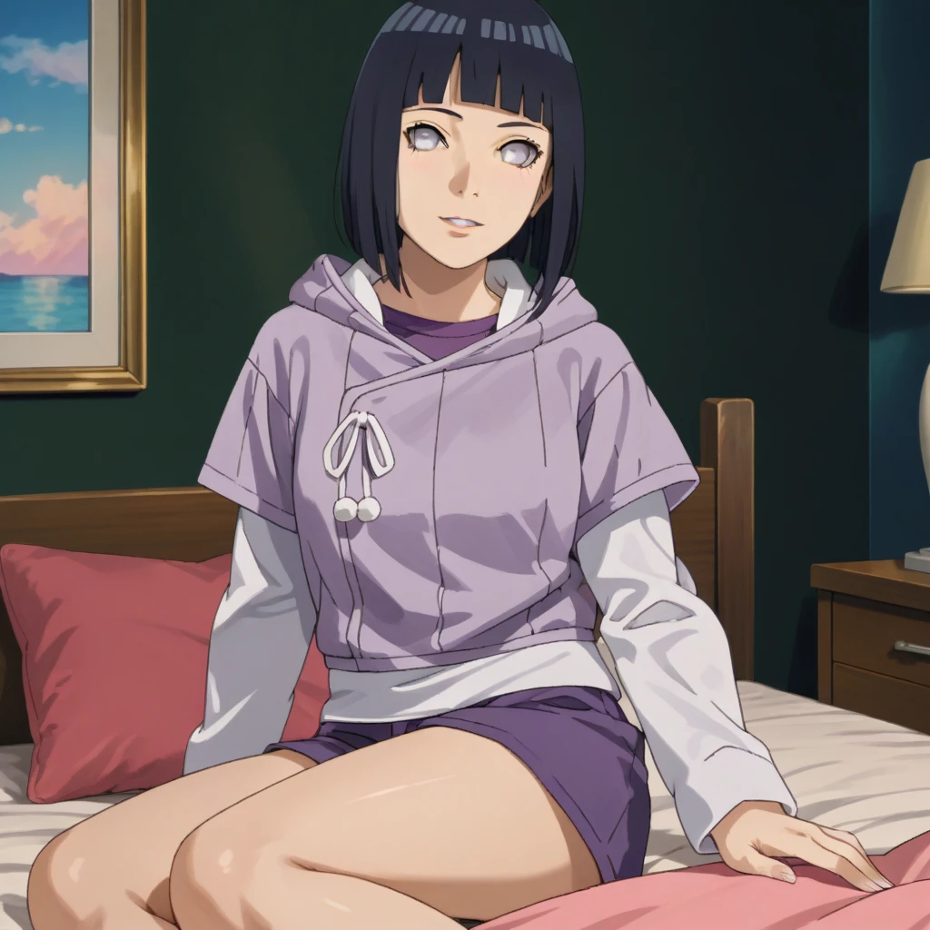 HinataBoruto, 1girl, hyuuga hinata, short hair, black hair, hood down, blunt bangs, purple eyes, short over long sleeves, layered sleeves, skirt, shorts, hoodie, bed, purple shirt, cowboy shot. 1boy, bald_boy, size_difference, bigger male, smaller female, sitting on side, 