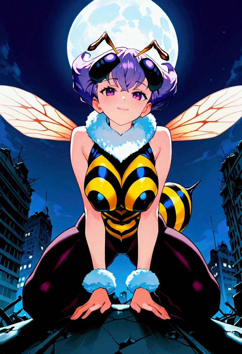 score_9,score_8_up,score_7, source anime, BREAK, 1girl, solo, bee girl, q-bee darkstalker, abdomen tail, bee tail, arthropod girl, wings, solo, antennae, purple hair, insect wings, monster girl, purple eyes, short hair, pantyhose, looking at viewer, purple pantyhose, bangs, leotard, fur collar, smile, bare shoulders, bodysuit, sleeveless, big large breasts, fur trim, seductive, sexy, night sky, post-apocalypse, crumbling city on background, late night, moon, (masterpiece), best quality, high res, HD, 4k, 8k, Detailed Illustration, intricate detail, cinematic lighting, amazing quality, amazing shading, soft lighting, absurdres, newest, half-length portrait, close-up, bending forward, kneeling, low angle view, from below,