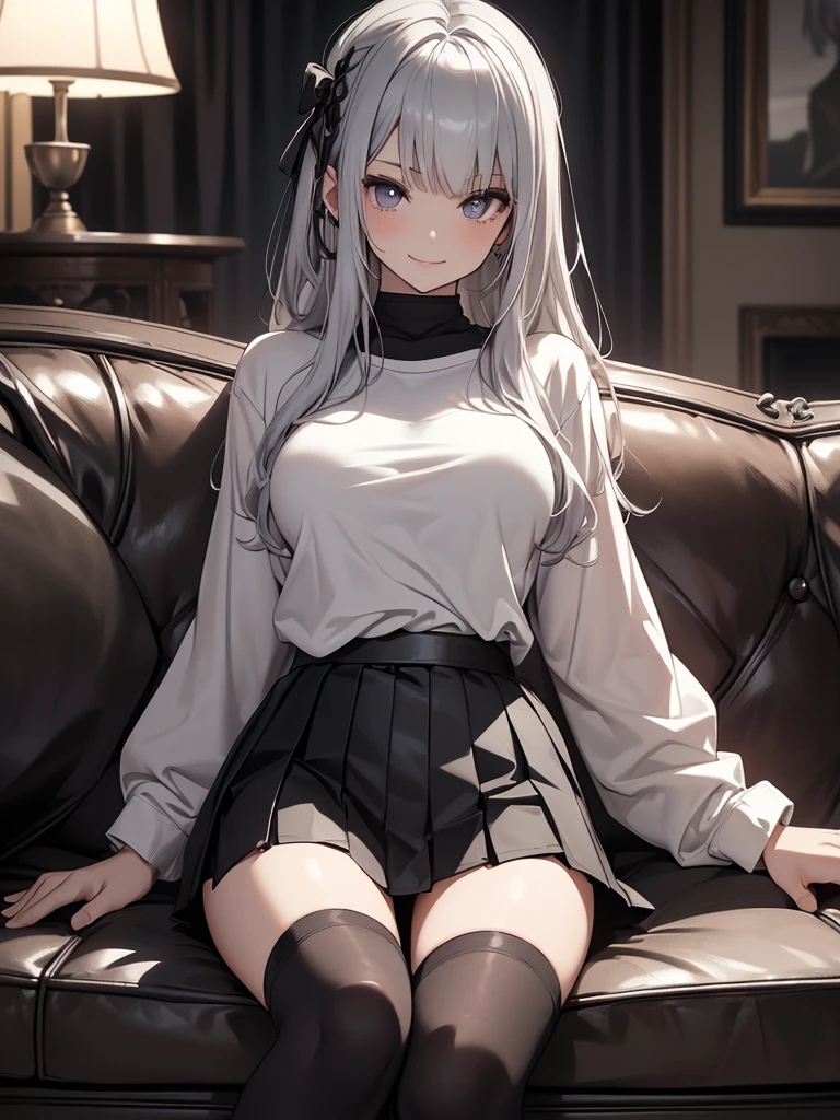 8k,  top quality, The real picture,  complex details, Very detailed,  super high resolution ,  depth field , ( realistic, realistic),  table top in front of you, (((Sit on a large leather sofa ))), (((( 1 girl)))), ((smile)), eye_Chan,  very beautiful , innocent big eyes,  beautiful breasts, 非常に詳細なeye, ( beautiful breasts), (( Silver Hair)), ( short semi-long hair ),  perfect skin, Fair skin,  small breasts, Tight waist, Alone,  Staring at viewers, ((( oversized long sleeve t-shirt))), (( Pleated Miniskirt)), (( Knee High Socks)), (( hotel suites))