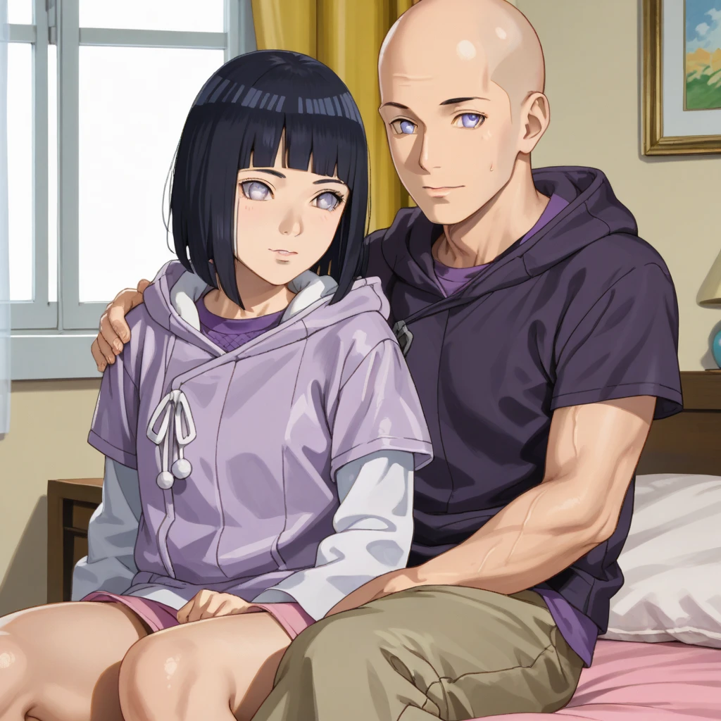 HinataBoruto, 1girl, hyuuga hinata, short hair, black hair, hood down, blunt bangs, purple eyes, short over long sleeves, layered sleeves, skirt, shorts, hoodie, bed, purple shirt, cowboy shot. 1boy, bald_boy, size_difference, bigger male, smaller female, sitting on side, 