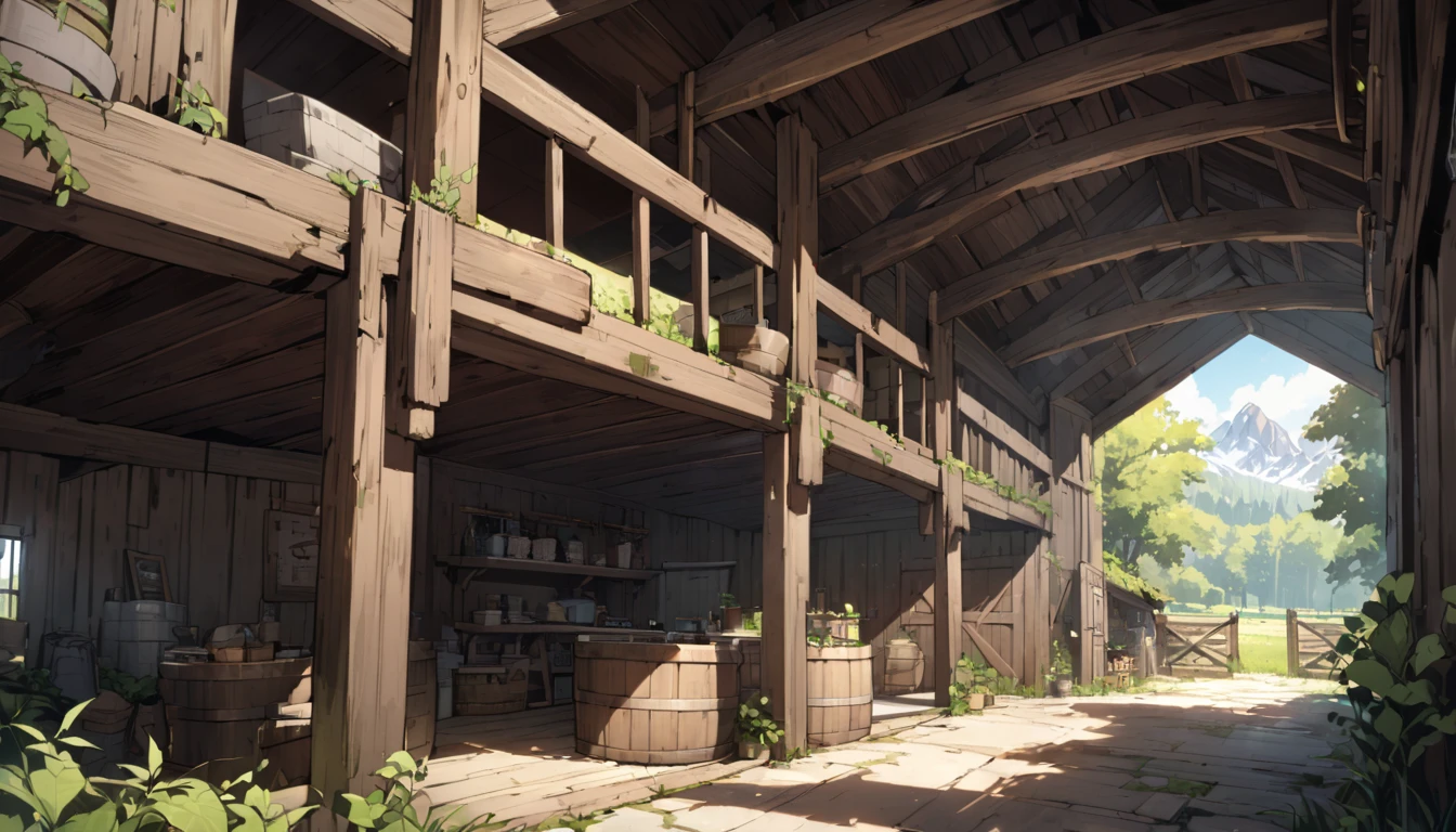 the environment is a The interior of a barn, modern barn in a fantasy settings 