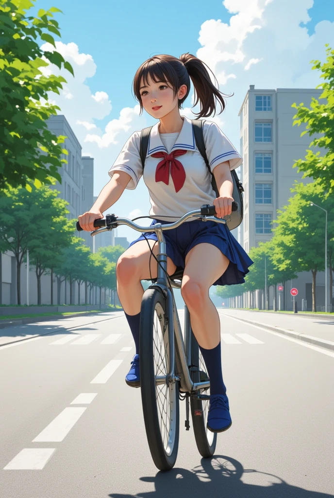 Masterpiece, 8k, Photorealistic, Raw photo, top-quality, Beautiful Japanese High school girl, Photorealistic, (Plump breast:1.3), Dynamic angle, 
school uniform, Dark blue socks, Coin-Lofer, Straddling a bicycle, legs spread apart, toes landing on the ground, carrying Brack backpack , (From below1.3), morning, Ponytail, Sunshine, Closeup,