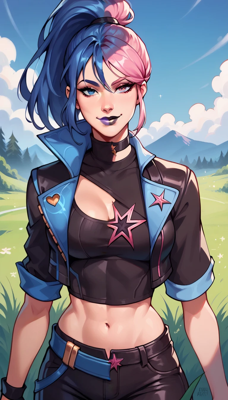 BREAK, HazeFN, pink hair, black lipstick, long hair, pink eyes, black shirt, short sleeves, midriff, leather pants, choker, star print, grass, seductive smile, looking at viewer, breasts, 1 girl, solo