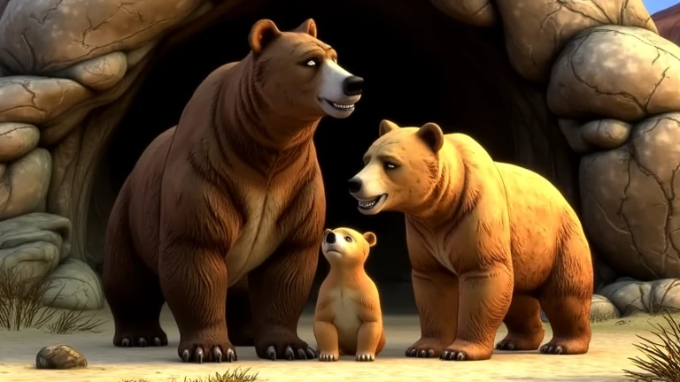 A charmingly endearing bear family, the bear cub exudes joy while the father bear stands stoically protective and the mother bear beams with warmth. They are positioned in front of a picturesque cave. This enchanting scene is reminiscent of a fairy tale. The bear cub's fur is fluffy and light brown, the father bear's fur is dark and majestic, and the mother bear's fur is a rich honey color. The image is a beautifully detailed painting, capturing the tender family moment with exquisite precision and depth.