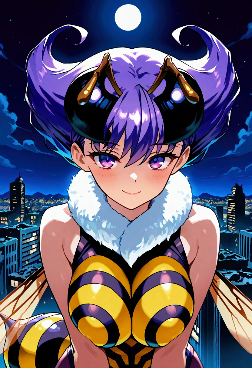 score_9,score_8_up,score_7, source anime, BREAK, 1girl, solo, bee girl, q-bee darkstalker, abdomen tail, bee tail, arthropod girl, wings, solo, antennae, purple hair, insect wings, monster girl, purple eyes, short hair, pantyhose, looking at viewer, purple pantyhose, bangs, leotard, fur collar, smile, bare shoulders, bodysuit, sleeveless, big large breasts, fur trim, seductive, sexy, night sky, post-apocalypse, crumbling city on background, late night, moon, (masterpiece), best quality, high res, HD, 4k, 8k, Detailed Illustration, intricate detail, cinematic lighting, amazing quality, amazing shading, soft lighting, absurdres, newest, bust portrait, upperèbody, close-up, 