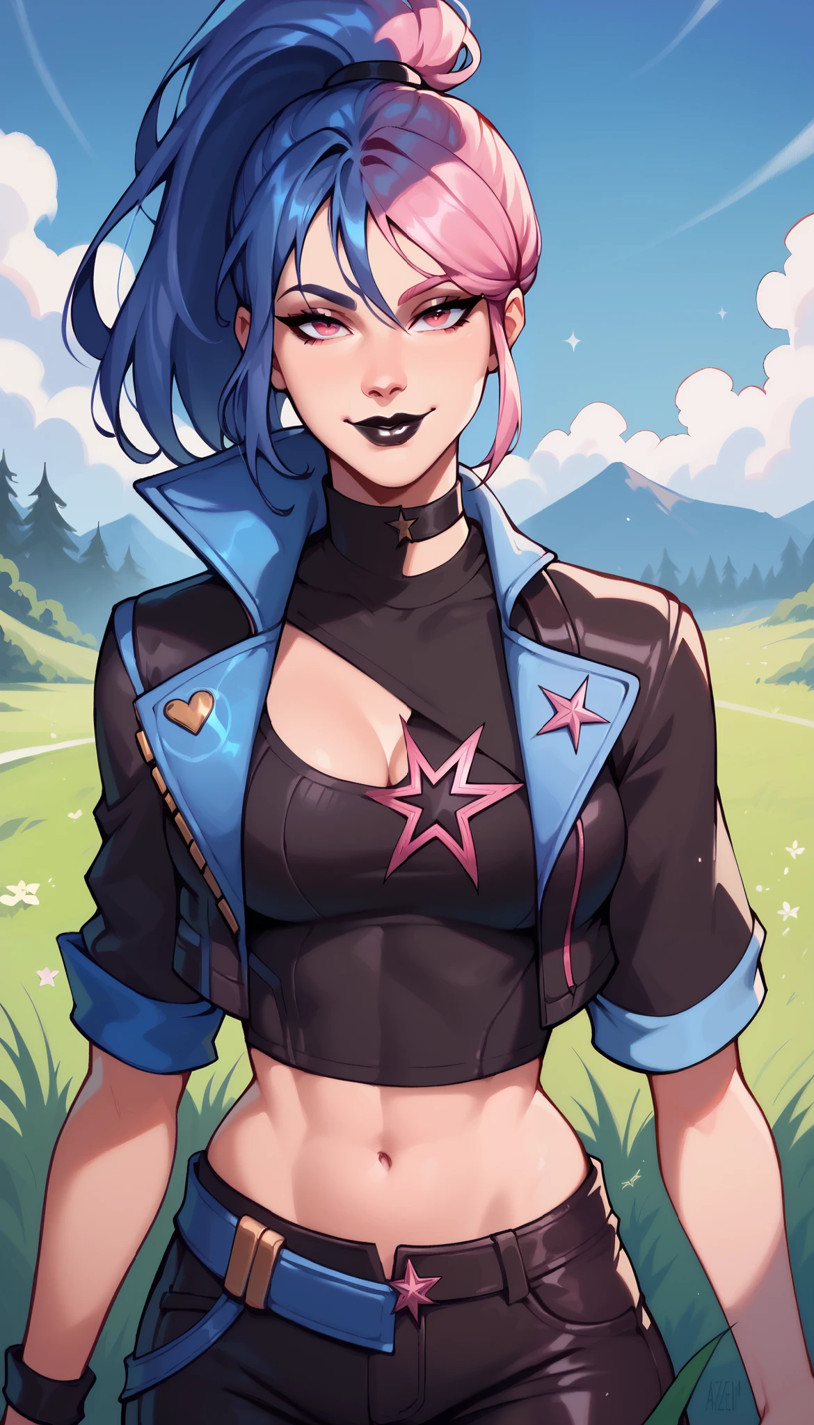 BREAK, HazeFN, pink hair, black lipstick, long hair, pink eyes, black shirt, short sleeves, midriff, leather pants, choker, star print, grass, seductive smile, looking at viewer, breasts, 1 girl, solo