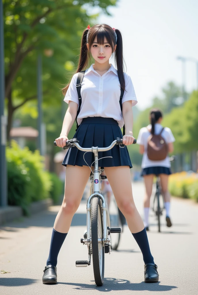 Masterpiece, 8k, Photorealistic, Raw photo, top-quality, Beautiful Japanese High school girl, Photorealistic, (Plump breast:1.3), Dynamic angle, 
school uniform, Dark blue socks, Coin-Lofer, Straddling a bicycle, legs spread apart, toes landing on the ground, carrying Brack backpack , (From below1.3), morning, Ponytail, Sunshine, Closeup,