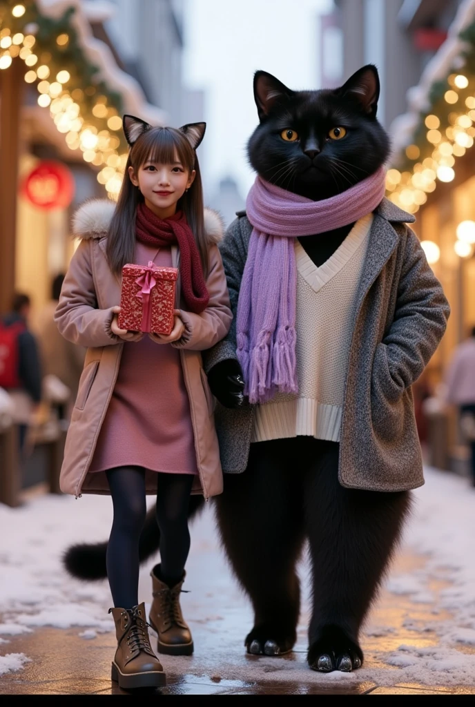 ultra-realistic, photorealistic, dramatic scene, shadow, global-illumination, solo, (teenage Japanese famous idol girl), very beautiful fragile Japanese girl, very beautiful with very cute, (very large breasts), slim waist, she is wearing\(a elegant winter jacket over a stylish pink one-piece dress, reddish brown woolen scarf, glove, short boots, dark navy tights\), (very large breasts), She is walking with a human-like cute giant black cat\(ears down, as tall as she, chubby, standing like a human, gray long woolen coat over a white V-neck sweater, light purple woolen scarf\), On a shopping street decorated with twinkling Christmas lights, she is holding a Christmas gift box and showing smile, they looks so happy