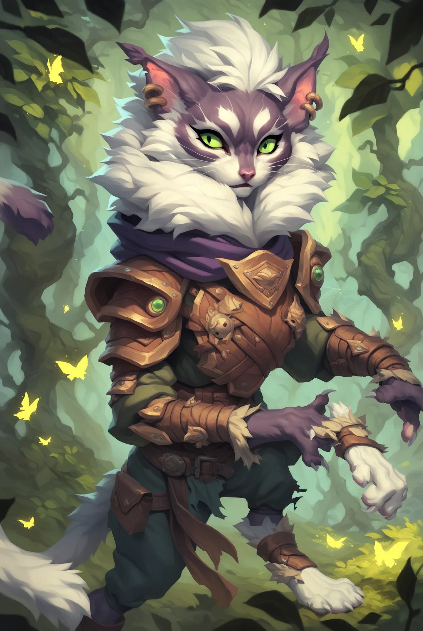 A sleek black cat with white paws and a fluffy white ruff, piercing green eyes, a visible tear on its left ear, wearing a purple medicine cat's herb pouch, standing in a forest, Warrior Cats style.
A wise, calm black cat with white markings, green eyes, and a torn left ear, a medicine cat with a mystical aura, surrounded by glowing herbs, Warrior Cats.