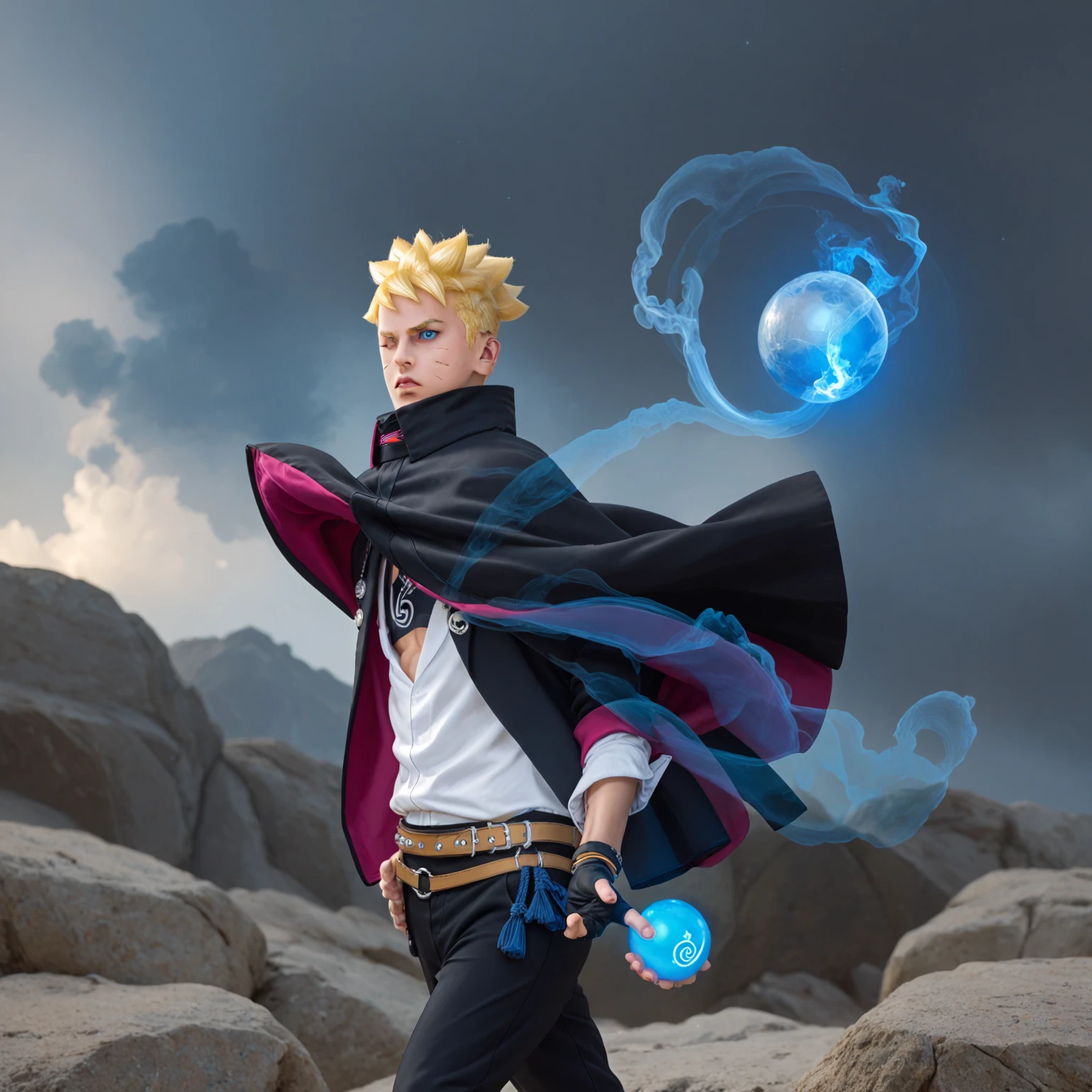 Boruto, 1boy, solo, fight pose, yellow hair, blue eyes, two black lines on the cheek, black cloak, black pants, gloves, rocks background, cowboy shot, one eyes closed,Textured Skin, one hand carrying glowing light blue ball, glowing ball, blue smokes in ball area, blue smoke vortex in ball, blue smoke overlay, smoking ball, realistic, wind effect, one hand holding sword