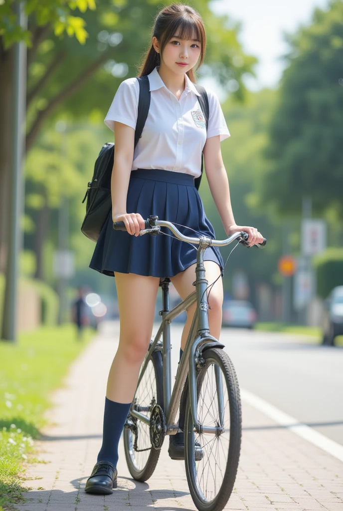 Masterpiece, 8k, Photorealistic, Raw photo, top-quality, Beautiful Japanese High school girl, Photorealistic, (Plump breast:1.3), Dynamic angle, 
school uniform, Dark blue socks, Coin-Lofer, Straddling a bicycle, legs spread apart, toes landing on the ground, carrying Brack backpack , (From below1.3), morning, Ponytail, Sunshine, Closeup,