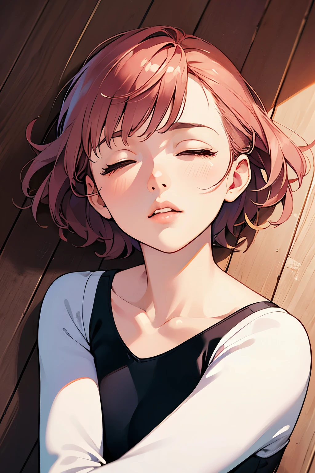 (highest quality:1.2), a 20-years-old girl is lying down on the wooden floor, fainted, suffering face, side view, a photorealistic cute girl,  anatomical correct limbs, beautiful face, European face, noble face, painful face, closed eyes, beautiful lip, short pink hair, upper body portrait, wearing black long sleeved leotard for ballet, wearing white pantyhose for ballet.