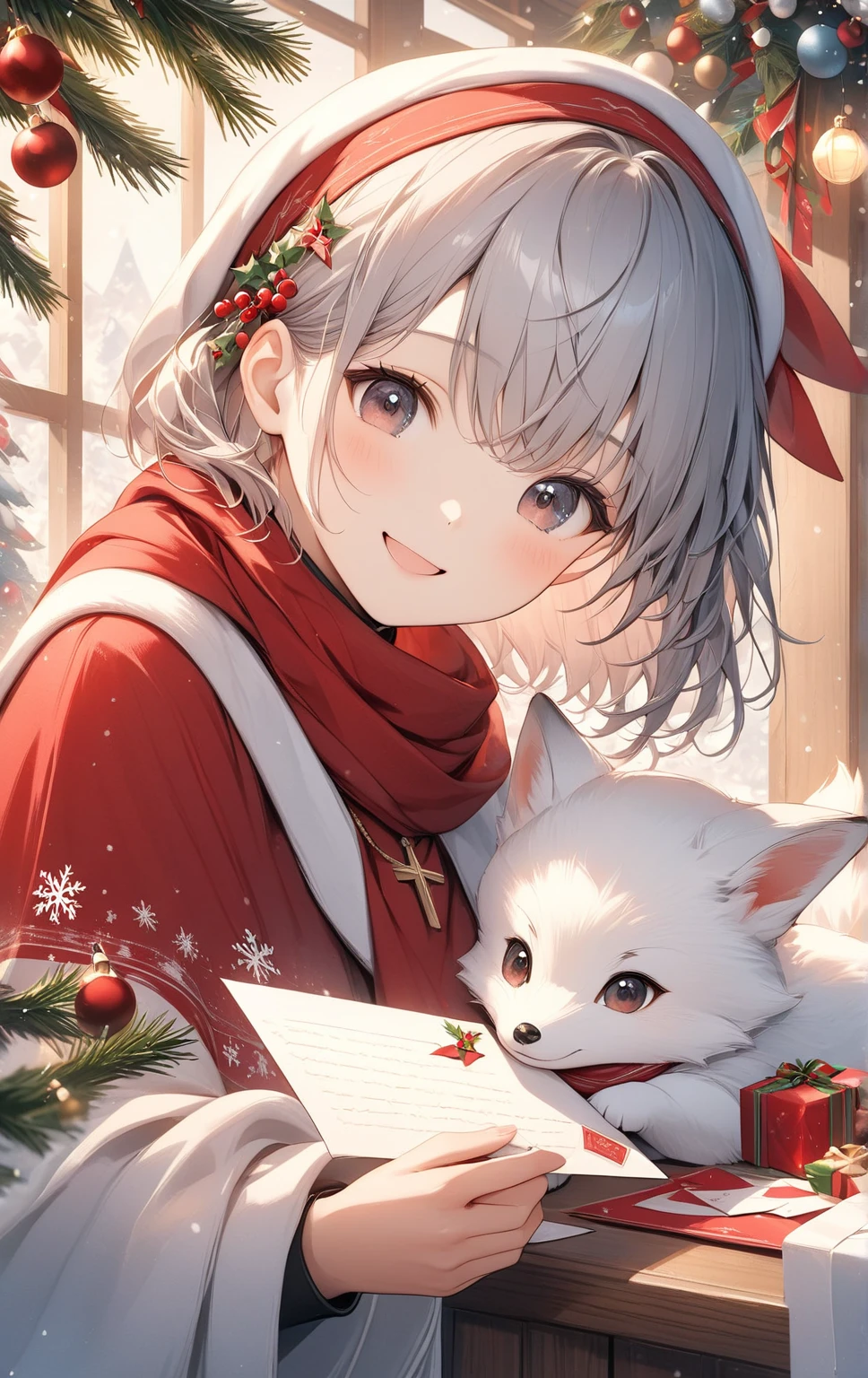   masterpiece :1.2， top quality，      high definition    ，8ｋ，  christmas illustration，Christmas food  ，   white baby fox ，   Letter with a small red bandana wrapped around the neck  、cute,  Priest ,     Details，   professional photography，  happy expression， Christmas winter scenery  ，