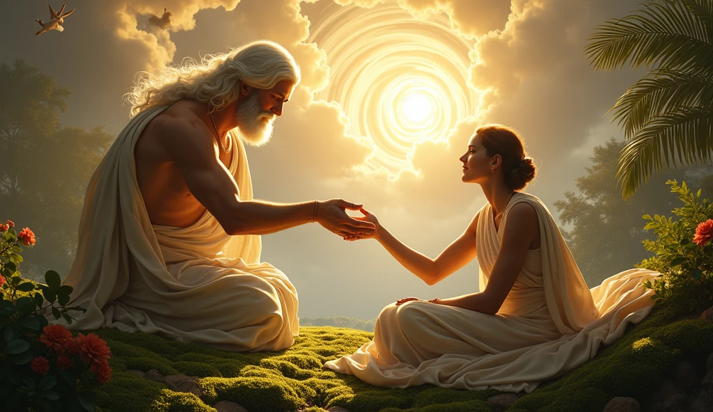 A photorealistic depiction of the creation of the first man and woman ...