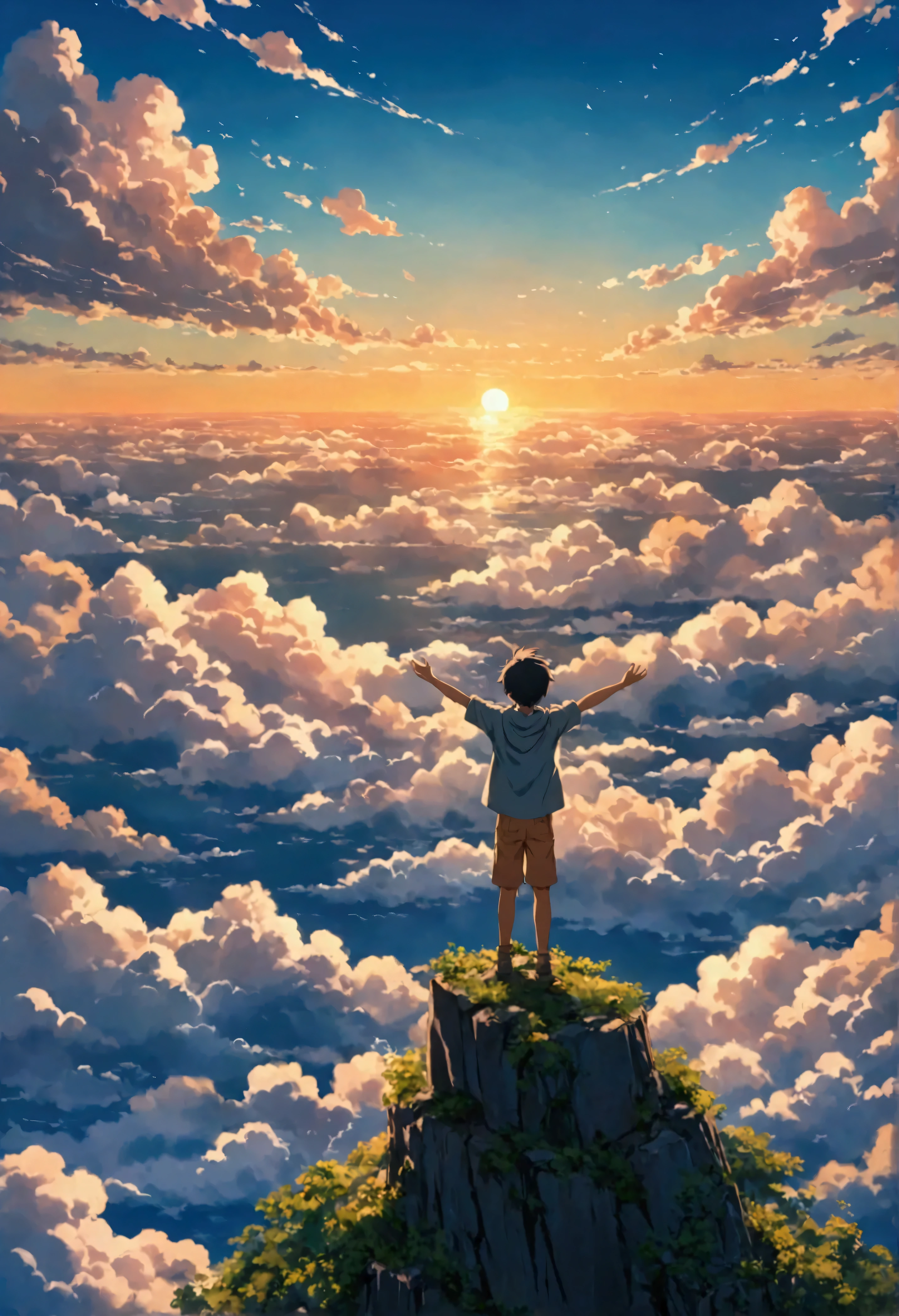 Fraction_9, Fraction_8_above, There is a sea of clouds realist !!!!!。,cloudy,Textured clouds anime style a painting of a boy with arms outstretched on the edge of an abyss!!! watching a vast sky , anime landscape, inspired by the brothers anime beautiful scene of peace , anime-realistic anime-realistic !!!!!!!!! nostalgic animated art background , Makoto Shinkai!!, Best of seaart anime movie background HD 8KImpressionism, summer, sunset, hyperrealistic-anime FulllUltra 8K , depth of field