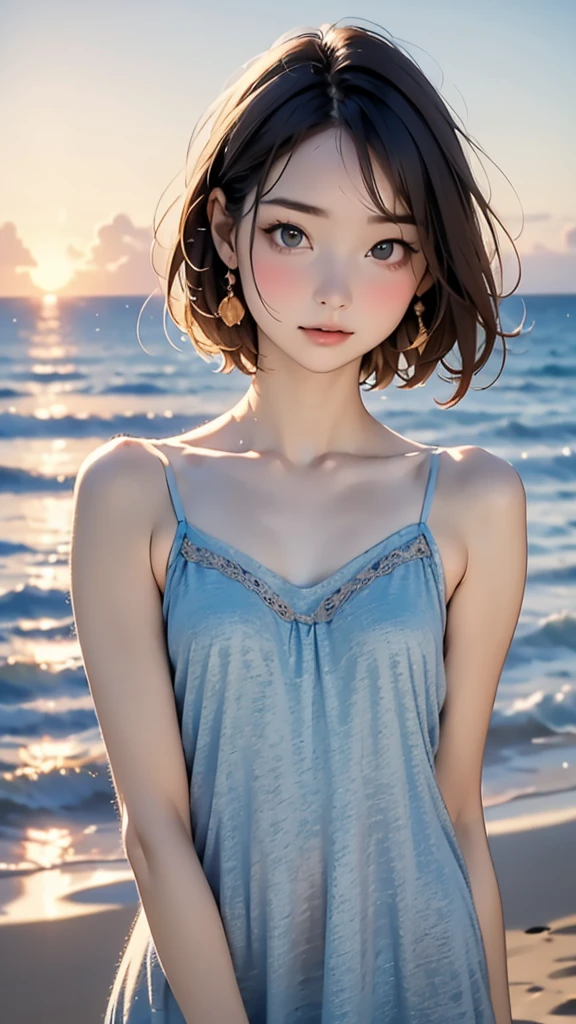 one girl, ***** face, cute face, ash gray hair:1.5, bob hair, short hair, camera's line of sight, small breasts, An ennui look, (((camisole, dress))) , particles of light, sea of ​​sunset, calm sea, white sand beach, very beautiful sunset, RAW photo, highest quality, High resolution, High resolution, masterpiece:1.3, 8k, 12k, professional photographer,((Extremely precise and accurate anatomy:1.0)),Kind eyes,Graceful pose,(Beauty of form:1.4) Golden ratio, big eye,(nature's providence:1.4),