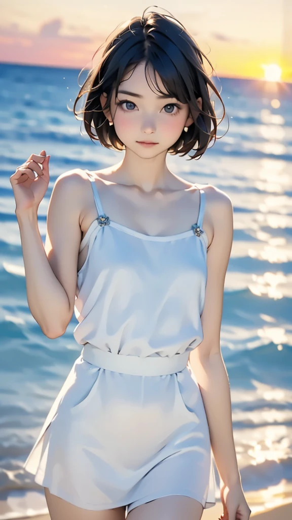 one girl, ***** face, cute face, ash gray hair:1.5, bob hair, short hair, camera's line of sight, small breasts, An ennui look, (((camisole, dress))) , particles of light, sea of ​​sunset, calm sea, white sand beach, very beautiful sunset, RAW photo, highest quality, High resolution, High resolution, masterpiece:1.3, 8k, 12k, professional photographer,((Extremely precise and accurate anatomy:1.0)),Kind eyes,Graceful pose,(Beauty of form:1.4) Golden ratio, big eye,(nature's providence:1.4),