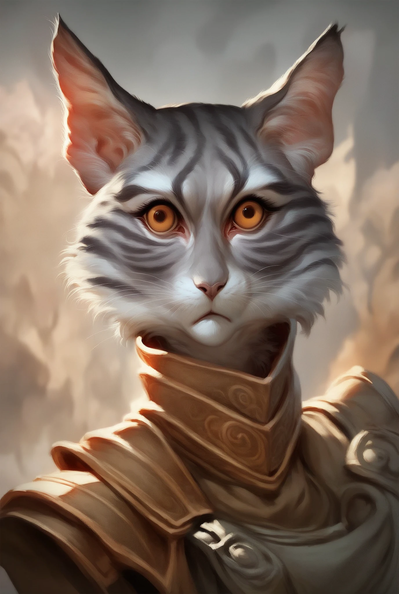 a dark gray tabby cat with amber eyes, a curious expression, slightly clumsy pose, short fur, slender body, large ears, intricate details, hyperrealistic, digital painting, artstation, concept art. Warrior Cats style.