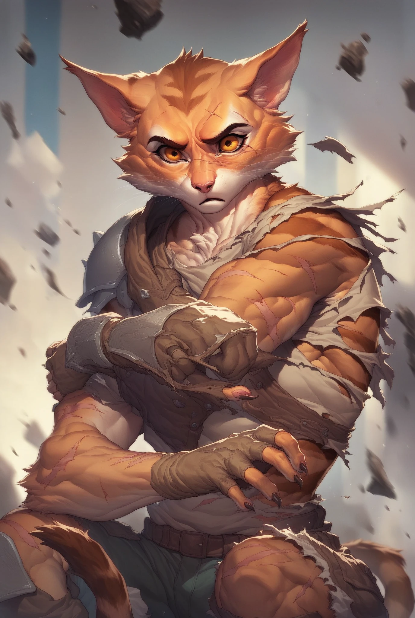 a muscular brown tabby cat with amber eyes, scars, short ears with torn tips, sharp claws, powerful build, aggressive expression, intricate details, Warrior Cats style.