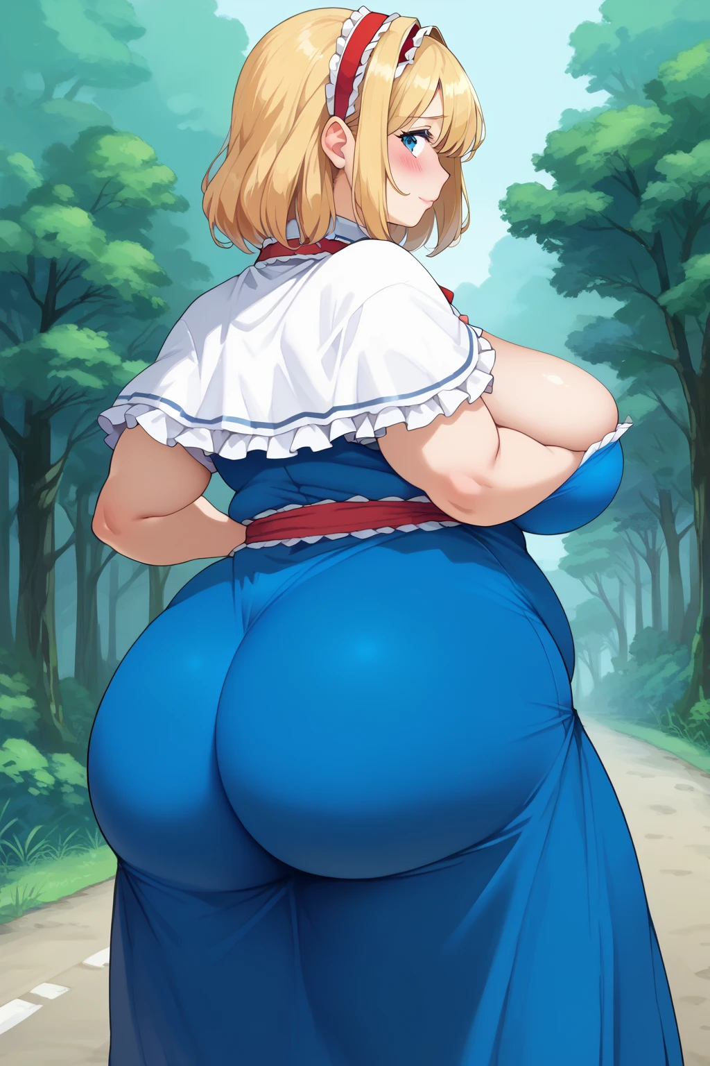  Alice Margatroyd, alice margatroid,  medium hair up to buttocks,  blonde hair ,  blue eyes, , red hair band, , Frilled Headband , Red waist wrap with white frills ,　 Blue Dress ,
 white capelet,  Blue Dress ,  blue long skirt,  score_9,   score_8_up,   score_7_up,   score_6_up,   score_5_up,   score_4_up,     Masterpiece  ,   top quality,   Very Aesthetic ,   absurd,   source_Anime, Anime screencap,   one woman , Alone,  personal  ,  super huge breasts, ((( super huge clevis, super huge , super huge boob))), Curvy,  chubby, Mature Woman,  obese body type, blush, Shy woman,  belly fat sticking out of clothes,　 sloppy stomach , Three-section abdomen, Plump belly, Being in the forest, Road in the forest, I'm worried about belly fat ,  cleavage enhancement pose, Woman burping 